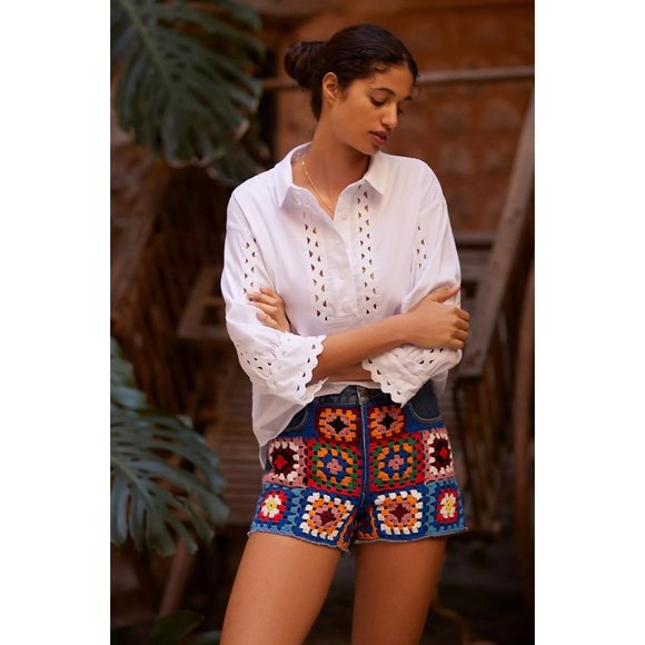 Anthropologie Farm Rio Pants - Anthropologie Farm Rio Ultra High-Rise Crochet Denim Shorts